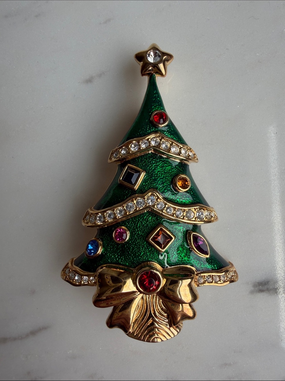 Vintage Franklin Mint Signed Enamel Christmas Tree Brooch